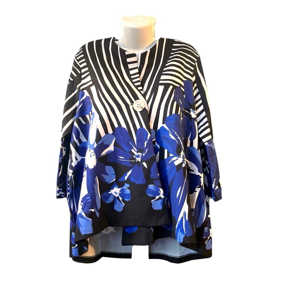 Mirelle Women's Blk/Wht Striped Blue Floral 1-Button Front Cardigan/Jacket SZ XL